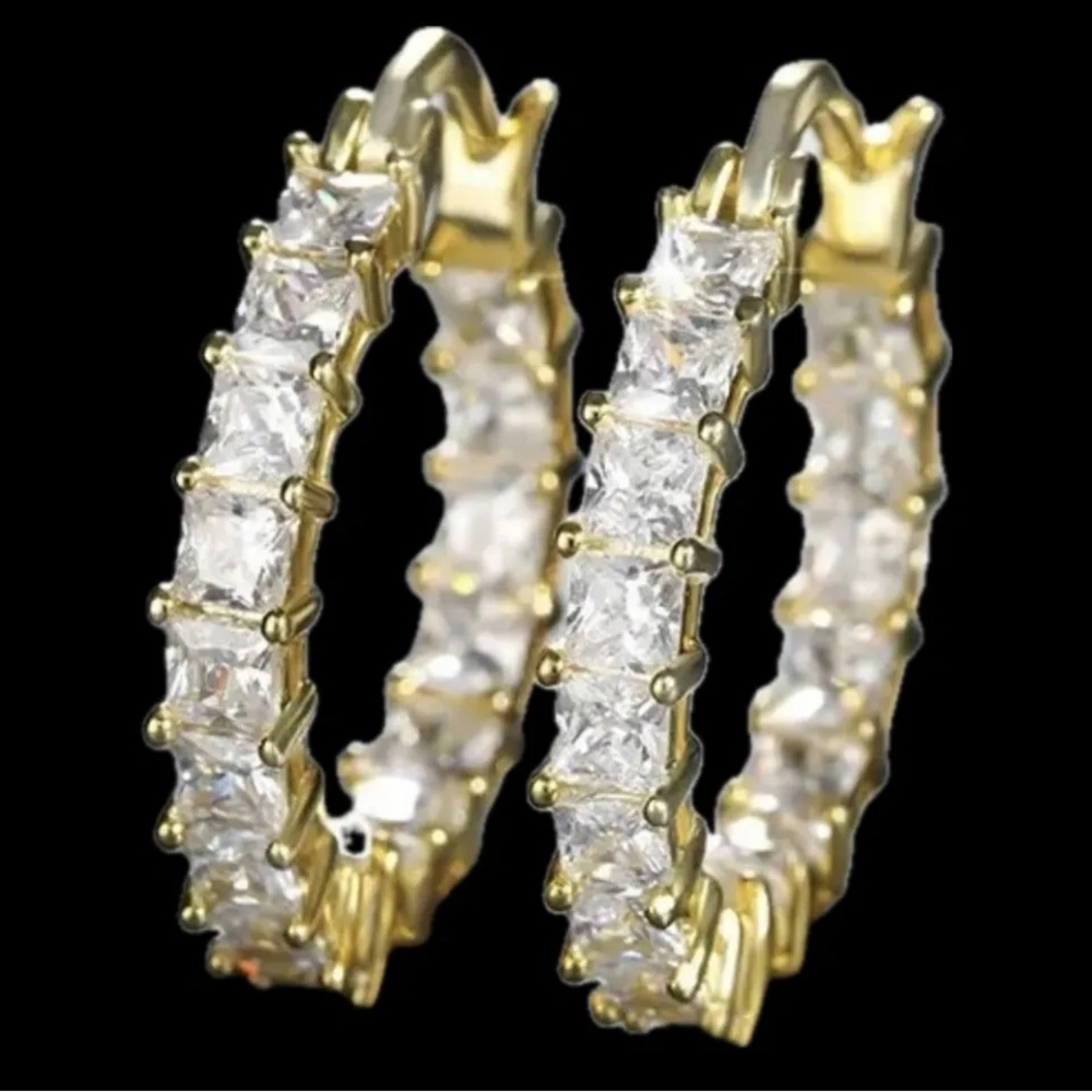Princess brilliant Cut prong set Cz Diamond Hoop Earrings Gold plated jewelry